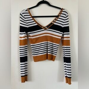 Kendall & Kylie V-Neck Sweater with Black, White, and Brown Stripes